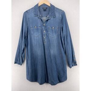 LUCKY BRAND Dress L Chambray Shirtdress Popover Long Sleeve Cotton Blend Blue
